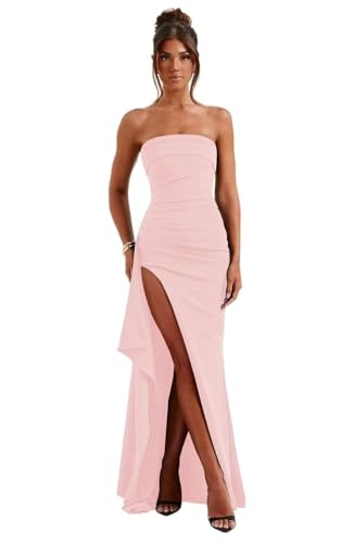 GATMAHE Strapless Chiffon Prom Dresses for Women 2025 Ruched Mermaid Corset Formal Evening Dress with Slit