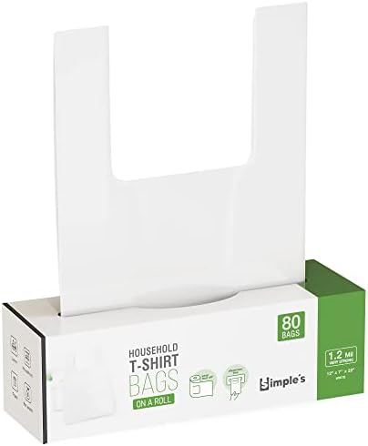 Simple's Plastic Bags with Handles for Small Business,(80 Count) Very Strong Shopping Bags, Plastic Bags Grocery, Plastic t-Shirts Bag, Bag Dispenser Roll - Measures 12"x7"x22", 1.2 Mil Thickness