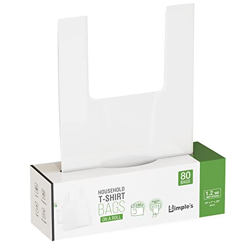 Simple's Plastic Bags With Handles For Small Business,(80 Count) Very Strong Shopping Bags, Plastic Bags Grocery, Plastic T-Shirts Bag, Bag Dispenser Roll - Measures 12"X7"X22", 1.2 Mil Thickness #TOP25