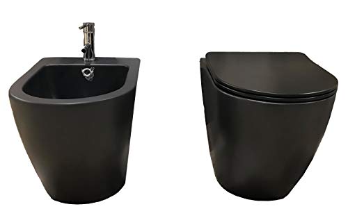 Coppia Sanitari A Terra Colore Nero Opaco Vaso Con Coprivaso SOFT-CLOSE + Bidet Serie Tonda Curva Tecnica E Fissaggi Inclusi