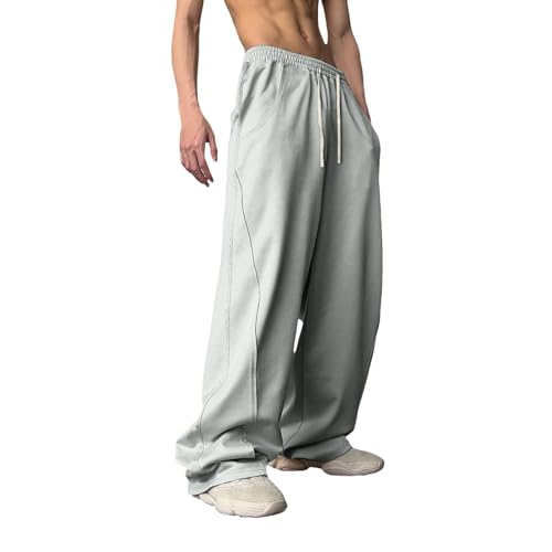 JiXiang Mens Sweatpants with Pockets Drawstring Elastic Waist Baggy Trousers Y2K Loose Wide Leg Long Jogger Pants with Pocket