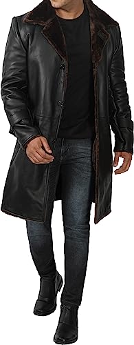 Image of fjackets Shearling Leather Coat Men - Real Lambskin Leather Jackets Mens Sherpa Lined Winter Casual Fur Coats Outerwear