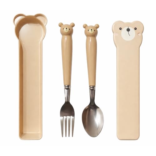 Kit de Talheres Portátil com Estojo Ursinho – Colher e Garfo em Aço Inox, Prático, Higiênico e Fácil de Transportar (Bege Escuro)