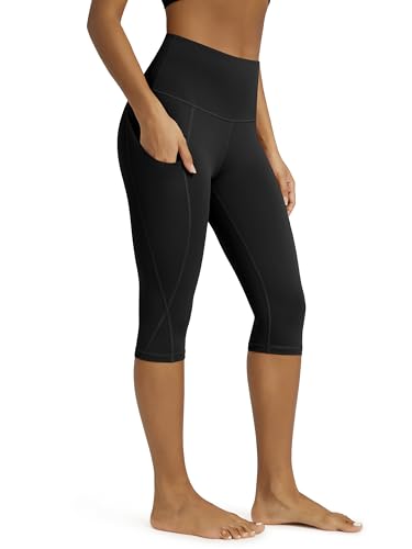 ODODOS Women's Knee Length High Waisted Yoga Capri Leggings with Pockets, Workout Running Sports Athletic Yoga Capris, Black, X-Large