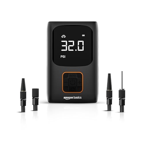 Image of amazon basics Digital Tyre Inflator | 150 PSI | Portable Air Compressor | 2x2000 mAh Battery | Copper Winding Motor | LED Light | Auto Shut-off | Cordless | Multiple Nozzles| Black