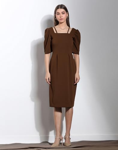 Image of Selvia Brown Puff Sleeve Square Neck Bodycon Dress