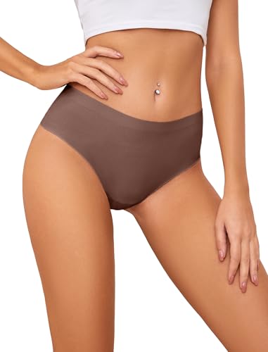 Image of voenxe Seamless Women Underwear Thongs,High Waisted No Show Ladies Panties,Invisible Breathable Comfy Active Thong,Hi Rise Cut Athletic Gym Undies,Highwaisted Mesh Stretchy Soft Panty,5-Pack Coffee