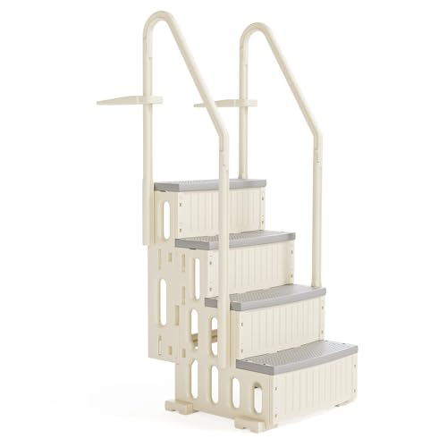 BONNLO Escalier de Piscine Plastique 4 Marches 116cm, Échelle de Piscine 69×88×169cm, Adapté aux Piscines Creusées et Hors Sol Intérieur Extérieur, Blanc Cassé