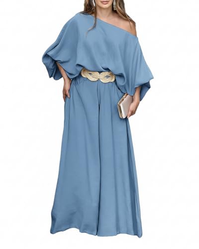 Image of CHICME Women Summer 2 Piece Outfits Off Shoulder Top Flowy Wide Leg Pants Set Vacation Travel Airport Outfits