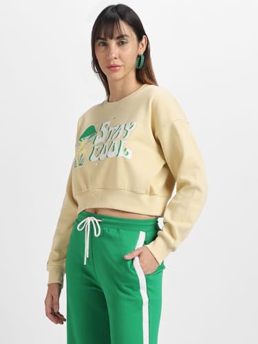 Image of JUNEBERRY Cotton Poly Fleece Regular Fit Beige & Black Graphic Print Full Sleeve Sweatshirt for Women