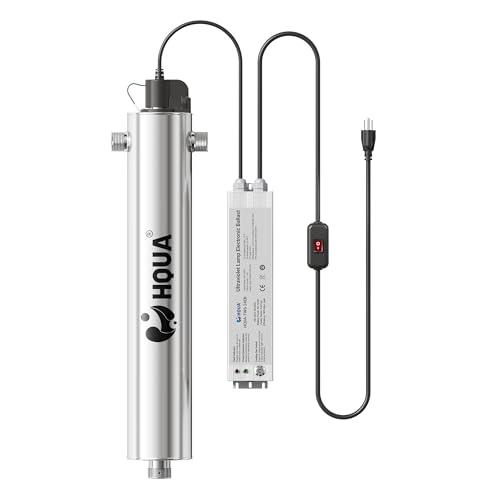 HQUA 120W Whole House UV Water Purifier 24 GPM Ultraviolet Water Filter with Cooling Fan 120V 1 MNPT Inlet/Outlet Includes Spare UV Lamp & Quartz Sleeve