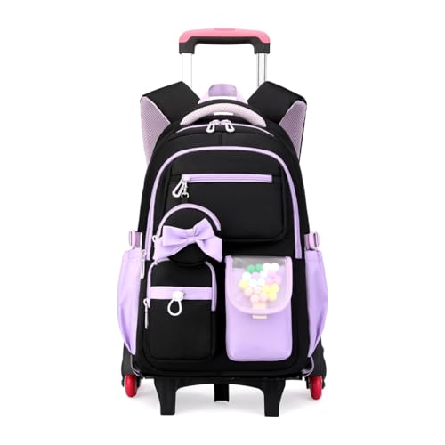 Image of PALAY School Trolley Bag for Girls Purple Black Oxford Cloth Rolling Backpack Cute Bow Waterproof Trolley Bags Multi-Compartments School Bag with Wheels for Elementary, Middle