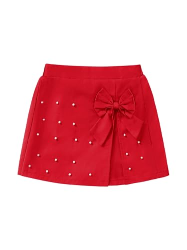 Ecolala Girls Skirts Cute Pearl Bow Front Side Split Cotton A-Line Elastic High Waisted Skort Summer Red 11-12 Years