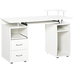 Cajones Para Estanteria Metalica HOMCOM Escritorio con Estanterías Mesa de Ordenador con 2 Cajones Bandeja de Teclado Extraíble y Soporte para Monitor CPU para Oficina Estudio 120x55x85 cm Blanco