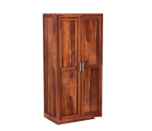 Image of Solid Wood 2-Door 5 Shelf Wardrobe Cupboard Almirah: Elegant Storage Solution for Clothes (Teak) (B-Hony)