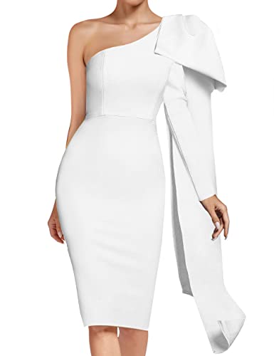 Image of UONBOX Women's One Shoulder Bowknot Long Sleeve Bodycon Knee Length Club Party Bandage Dress