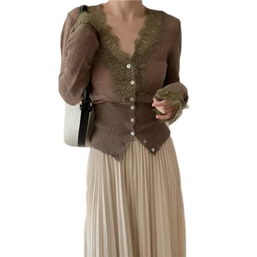 Womens Y2k Patchwork Lace Trim V-Neck Knitted Cardigan Sweaters Wool Blend Chic Vintage Tops Fairycore Clothing