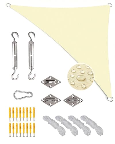 Sonnensegel Dreieckig 3x4x5m Wasserdicht Sonnenschutz Windschutz Premium HDPE Wetterbeständig Atmungsaktiv mit 95% UV-Schutz Reißfest mit Befestigungsset für Balkon Garten Terrasse (Creme)