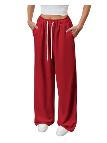 SHENHE Womens Baggy Sweatpants Wide Leg Open Bottom Drawstring Workout Travel Pants Trousers Red Small