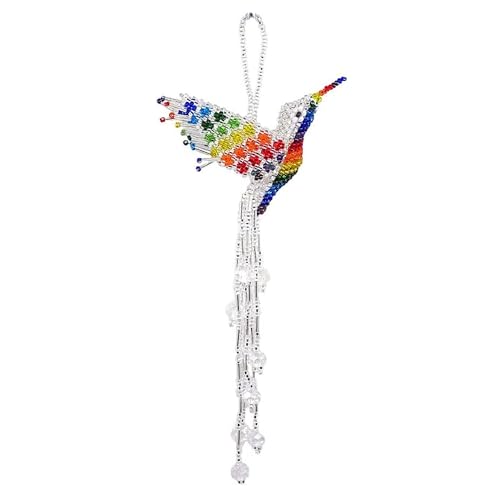 Spirit of Nature Handmade Beaded Hummingbird Ornament, Rear View Mirror Car Charm, Czech Glass Bird Hanging Decor, Crystal Suncatcher Ornament, Boho Home Decor Gift (Silver & Rainbow)