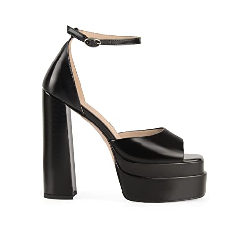 Ann Creek Platform Chunky Heels Sandals Ankle Strap Pump Heels For Women Black Chunky Heels Block Heels High Heel Sandals Peep Toe Heeled Sandals Women's Platform Shoes Open Toe Pumps Black Size 6 #TOP2