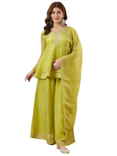 Image of MOKOSH Women's Silk Embroidery Peplum Kurta Sharara with Dupatta | Anarkali Kurta Set | Sweetheart Neck Full Sleeve Ethnic Suit | 3 Piece Outfit | Indian Kurta Outfit With Sharara
