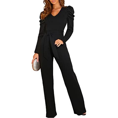 Reukree Womens Long Sleeve Jumpsuits Loose Fit Waist Belted Elegant Party Fashion Playsuit Work Wedding JumpsuitsLong Sleeve - Black Large, Size 14-16 Cover
