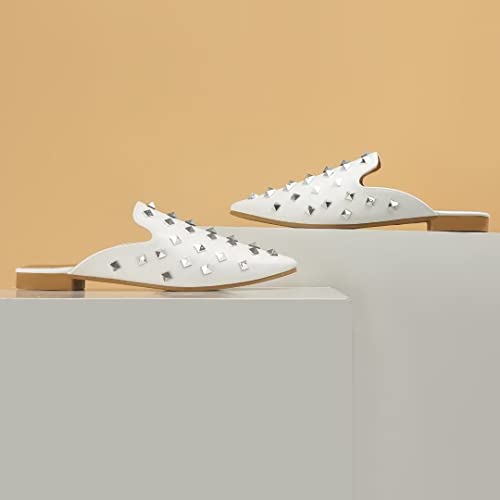 Musshoe Mules For Women Flats Comfortable Pointed Toe Studded Women's Mules,White Pu 7 #TOP4