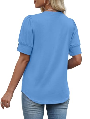 Image of OFEEFAN Womens Tops Short Sleeve Shirts Buttons V Neck Spring Fashion Summer Outfits Plus Size Blouses Dressy Casual