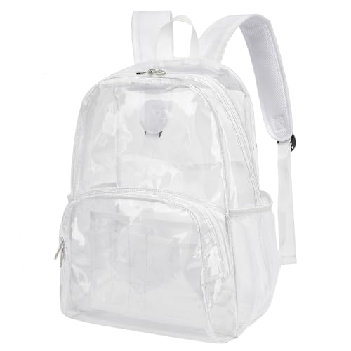 Xunteny Mochila transparente, mochila escolar, mochila de plástico PVC resistente transparente transparente para homens, mulheres, meninas e meninos, Branco, 6.1 x 12.2 x 16.8 inches