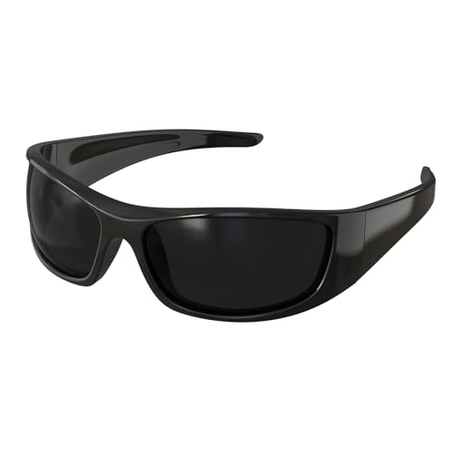 Bloomoak Gafas de sol polarizadas negras con lentes súper oscuras | Gafas de sol deportivas envolventes unisex | UV400 | CAT 4 | Para fotofobia (ojos sensibles) (Glossy Black/Dark lens)