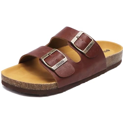 Image of ONCAI Womens Flat Slide Sandals with Arch Support 2 Strap Adjustable Buckle Slip on Slides Shoes Non Slip Rubber Sole