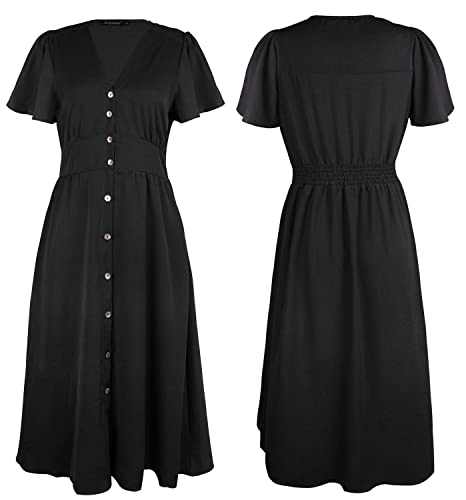 ROYLAMP Women's Floral Button Up Split Dress Deep V Short Bell Sleeve Casual Midi Dress with Pockets4