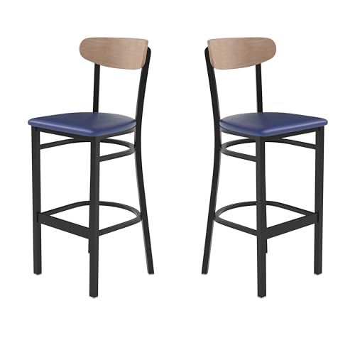 Image of Flash Furniture Wright Set of 2 Commercial Barstools - Natural Wood Boomerang Back - Blue Vinyl Seat - 500 LB. Capacity Black Steel Frame - Integrated Footrest