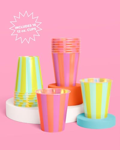 Image of xo, Fetti Pink + Green Pool Party Plastic Cups | 16 pcs 12 oz | Summer Drinkware, Colorful Decorations, Bachelorette Party Drinks, Birthday Supplies (Pack of 2)