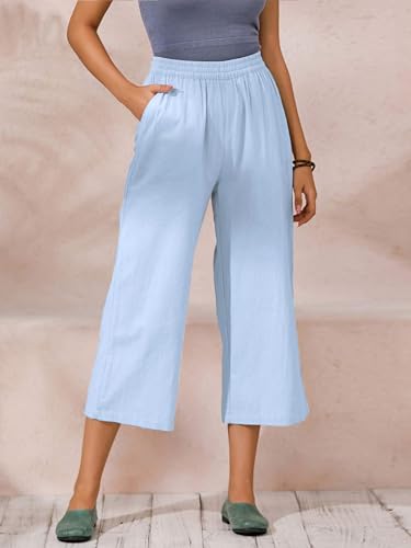 Image of ECUPPER Womens Cotton Cropped Pants Loose Fit Wide Leg Trousers | Casual, Plus Size, Elastic Waist, Capri, 100% Cotton, Slant Pockets, High Rise Waist, Lounge Pants