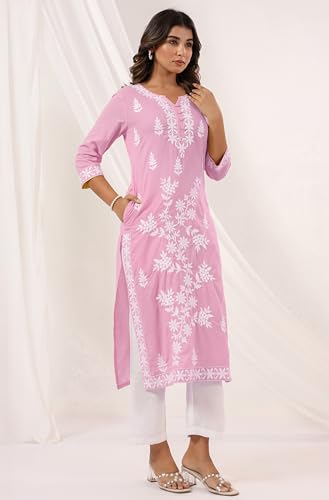 Image of Janasya Women's Pure Cotton Embroidered Straight Kurta