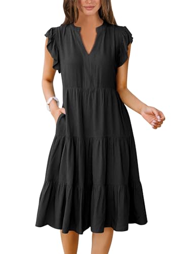 ANRABESS Womens Summer Dress Ruffle Sleeve V Neck Midi Dresses Fashion Casual Fit Flowy Tiered Boho Beach Vacation Sundress Black-L