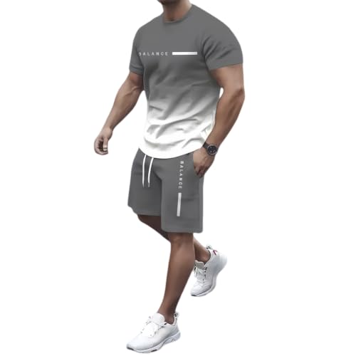 yijan Men's Gradient Athletic 2 Piece Set Casual Short Sleeve T Shirt and Shorts Outfit Workout Tracksuit Summer Activewear Set (Gray,M)