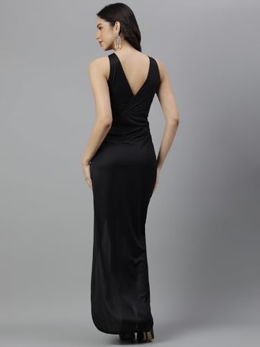 Image of Women's Elegant Draped Halter Neck Gown - Stylish Front Knot Cut-Out Evening Dress with High Slit - Outfit for Parties, Weddings & Special Occasions
