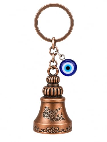 Image of Copper Evil Eye Guardian Bell Keychain, Metal Good Luck Charm with Nazar Design, for Bike & Car
