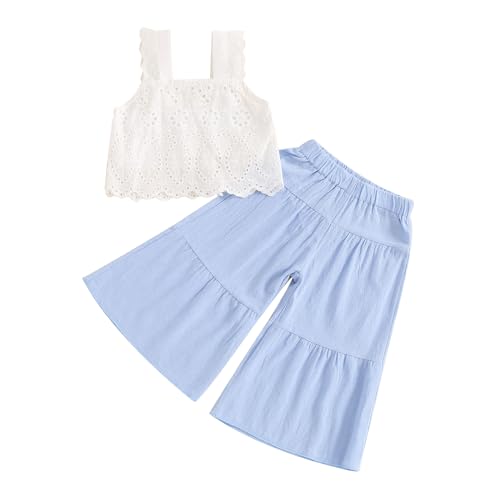 Image of VISGOGO Toddler Baby Girls Summer Outfit Sleeveless Lace Embroidery Clothes Toddler Kids Tank Tops Bell-bottom Pants Set