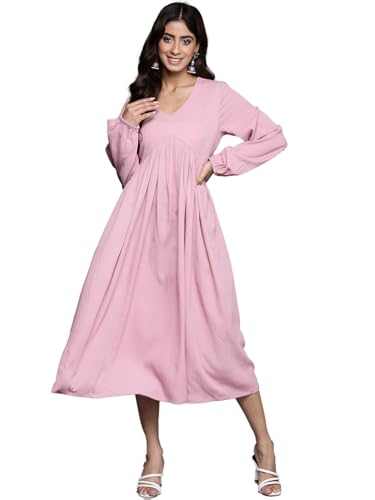 Image of Varanga Women Blue V-Neck, Bishop Sleeves, Gathered Details Calf Length A-Line Dress, Flared Hem