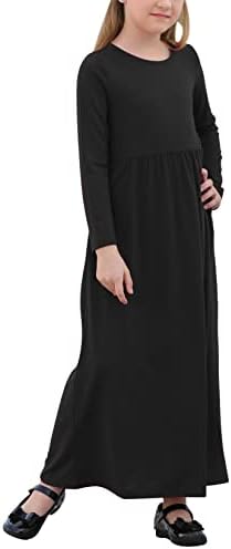 GORLYA Girl's Long Sleeve Floral Print Loose Casual Holiday Long Maxi Dress with Pockets 4-12 Years (9-10Years/Height:140cm, Black Color)