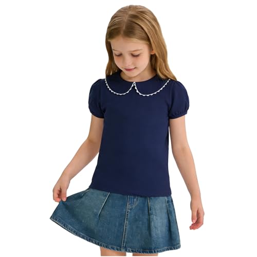 Image of 12M-14Y Toddler Baby Girls Peter Pan Collar Blouse Kids Girl Solid Color Puff Sleeve T-Shirts Casual Tee Tops