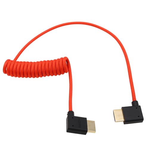 Image of HDMI 8K 4K 60p Cable for ATOMOS Ninja Inferno Portkeys SmallHD Cine Ultra Indie Sony A7M4 A7SIII Canon C300 GH7 Z8 Camera, Right Left Angle Type A HDMI 2.1 Red Braided Coiled 50cm