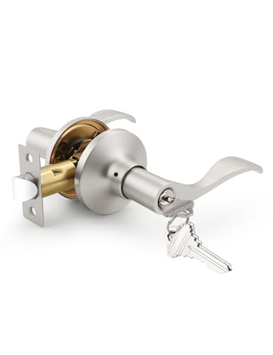 Image of Mengico 4 Pack Keyed Entry Door Lever Lock for Exterior Door Handleset, Entrance Door Handles Lockset in Satin Nickel Each with 3 Same Keys