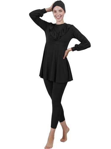 Image of Women 3 Piece Modest Muslim Swimwear Islamic Ruffle Full Coverage Long Sleeve Removable Chest Pads Swim Hijab Cap Swimming Costume Burkini Swimsuit