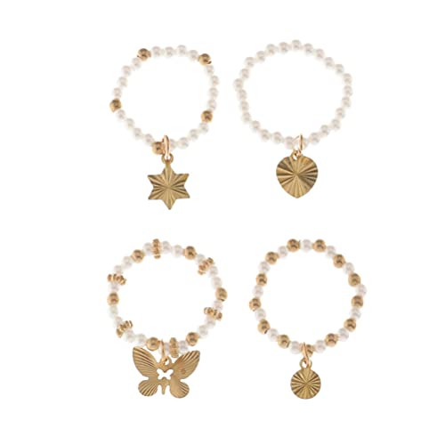 HUSHUI 4 Stück Temperament Perle Elastischer Schwanzring, Damenring, Kreative Einfache Kleine Goldperle Schmetterling Liebe Anhänger Ringe Set Schmuck Geschenk für Frauen Mädchen Cover