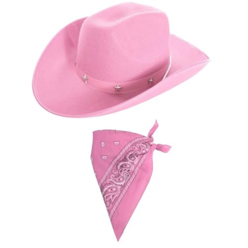 Kids Pink Star Studded Cowboy Hat With Pink Paisley Bandana Childrens Western Fancy Dress Rodeo Festival Party Costume Accessory For Country Theme Events Halloween Dress Up